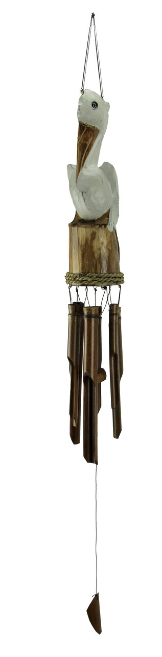 White Hand Carved Wood Coastal Perched Pelican Wind Chime for Garden Yard Patio